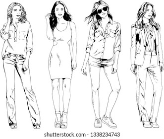 vector drawings on the theme of beautiful slim sporty girl in casual clothes in various poses painted ink hand sketch with no background