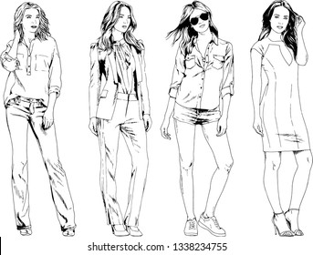 vector drawings on the theme of beautiful slim sporty girl in casual clothes in various poses painted ink hand sketch with no background