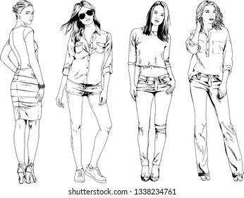 vector drawings on the theme of beautiful slim sporty girl in casual clothes in various poses painted ink hand sketch with no background