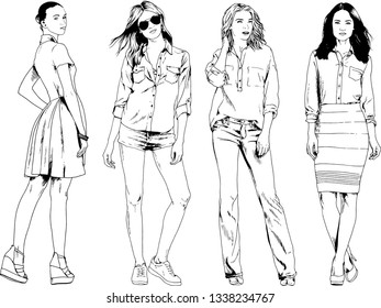 vector drawings on the theme of beautiful slim sporty girl in casual clothes in various poses painted ink hand sketch with no background