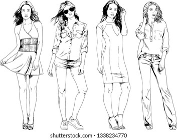vector drawings on the theme of beautiful slim sporty girl in casual clothes in various poses painted ink hand sketch with no background