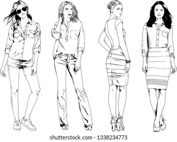 vector drawings on the theme of beautiful slim sporty girl in casual clothes in various poses painted ink hand sketch with no background