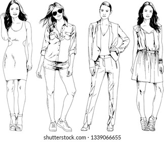 vector drawings on the theme of beautiful slim sporty girl in casual clothes in various poses painted ink hand sketch with no background