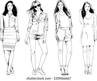 vector drawings on the theme of beautiful slim sporty girl in casual clothes in various poses painted ink hand sketch with no background