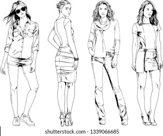 vector drawings on the theme of beautiful slim sporty girl in casual clothes in various poses painted ink hand sketch with no background