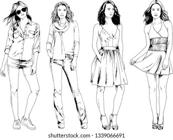 vector drawings on the theme of beautiful slim sporty girl in casual clothes in various poses painted ink hand sketch with no background