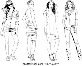 vector drawings on the theme of beautiful slim sporty girl in casual clothes in various poses painted ink hand sketch with no background