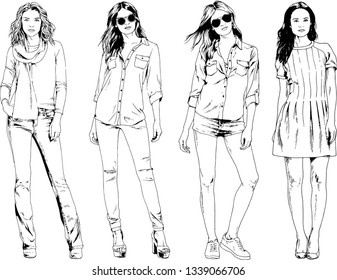 vector drawings on the theme of beautiful slim sporty girl in casual clothes in various poses painted ink hand sketch with no background