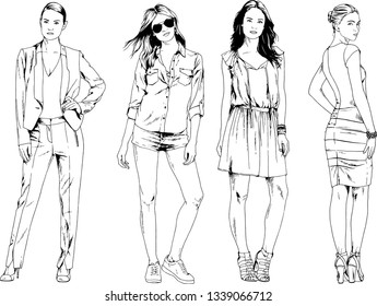 vector drawings on the theme of beautiful slim sporty girl in casual clothes in various poses painted ink hand sketch with no background