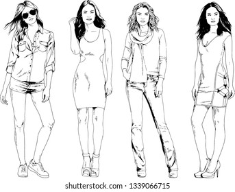 vector drawings on the theme of beautiful slim sporty girl in casual clothes in various poses painted ink hand sketch with no background