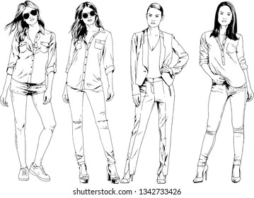 vector drawings on the theme of beautiful slim sporty girl in casual clothes in various poses painted ink hand sketch with no background