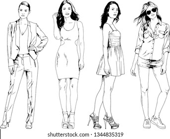 vector drawings on the theme of beautiful slim sporty girl in casual clothes in various poses painted ink hand sketch with no background