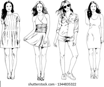 vector drawings on the theme of beautiful slim sporty girl in casual clothes in various poses painted ink hand sketch with no background