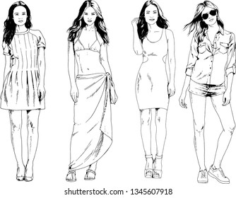 vector drawings on the theme of beautiful slim sporty girl in casual clothes in various poses painted ink hand sketch with no background