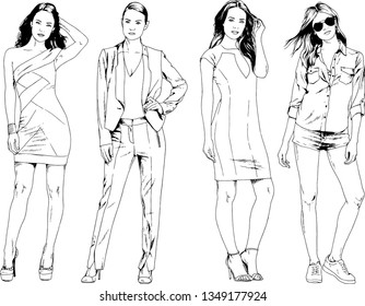 vector drawings on the theme of beautiful slim sporty girl in casual clothes in various poses painted ink hand sketch with no background