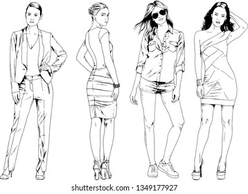 vector drawings on the theme of beautiful slim sporty girl in casual clothes in various poses painted ink hand sketch with no background