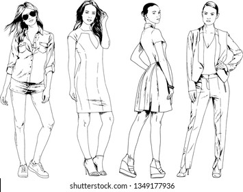 vector drawings on the theme of beautiful slim sporty girl in casual clothes in various poses painted ink hand sketch with no background