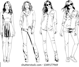 vector drawings on the theme of beautiful slim sporty girl in casual clothes in various poses painted ink hand sketch with no background