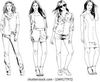 vector drawings on the theme of beautiful slim sporty girl in casual clothes in various poses painted ink hand sketch with no background