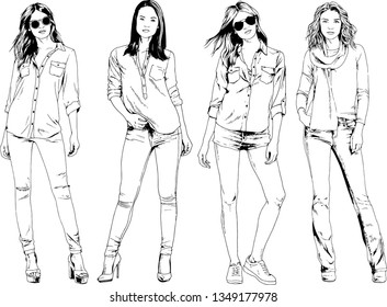 vector drawings on the theme of beautiful slim sporty girl in casual clothes in various poses painted ink hand sketch with no background