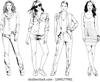 vector drawings on the theme of beautiful slim sporty girl in casual clothes in various poses painted ink hand sketch with no background