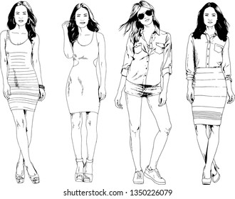 vector drawings on the theme of beautiful slim sporty girl in casual clothes in various poses painted ink hand sketch with no background
