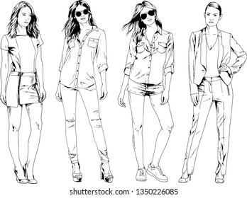 vector drawings on the theme of beautiful slim sporty girl in casual clothes in various poses painted ink hand sketch with no background