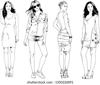 vector drawings on the theme of beautiful slim sporty girl in casual clothes in various poses painted ink hand sketch with no background