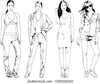vector drawings on the theme of beautiful slim sporty girl in casual clothes in various poses painted ink hand sketch with no background