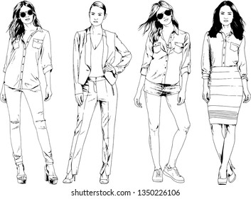 vector drawings on the theme of beautiful slim sporty girl in casual clothes in various poses painted ink hand sketch with no background