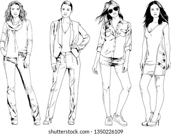 vector drawings on the theme of beautiful slim sporty girl in casual clothes in various poses painted ink hand sketch with no background