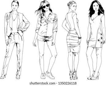 vector drawings on the theme of beautiful slim sporty girl in casual clothes in various poses painted ink hand sketch with no background