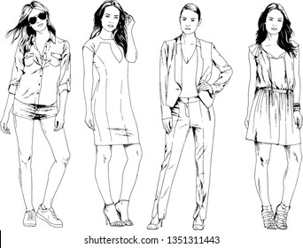 vector drawings on the theme of beautiful slim sporty girl in casual clothes in various poses painted ink hand sketch with no background