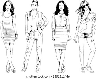 vector drawings on the theme of beautiful slim sporty girl in casual clothes in various poses painted ink hand sketch with no background