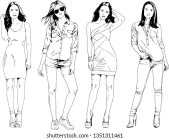 vector drawings on the theme of beautiful slim sporty girl in casual clothes in various poses painted ink hand sketch with no background