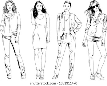 vector drawings on the theme of beautiful slim sporty girl in casual clothes in various poses painted ink hand sketch with no background