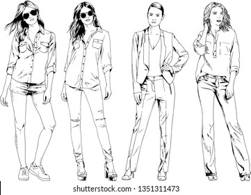 vector drawings on the theme of beautiful slim sporty girl in casual clothes in various poses painted ink hand sketch with no background