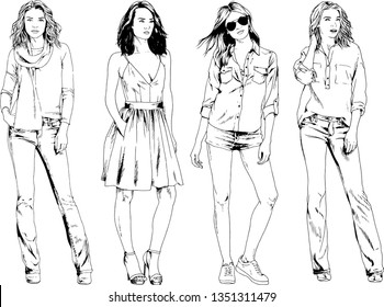 vector drawings on the theme of beautiful slim sporty girl in casual clothes in various poses painted ink hand sketch with no background
