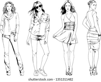 vector drawings on the theme of beautiful slim sporty girl in casual clothes in various poses painted ink hand sketch with no background