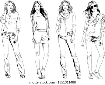 vector drawings on the theme of beautiful slim sporty girl in casual clothes in various poses painted ink hand sketch with no background