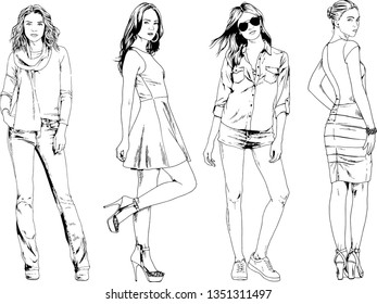 vector drawings on the theme of beautiful slim sporty girl in casual clothes in various poses painted ink hand sketch with no background