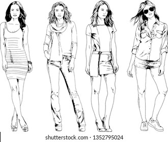 vector drawings on the theme of beautiful slim sporty girl in casual clothes in various poses painted ink hand sketch with no background