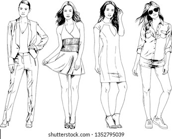 vector drawings on the theme of beautiful slim sporty girl in casual clothes in various poses painted ink hand sketch with no background