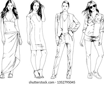 vector drawings on the theme of beautiful slim sporty girl in casual clothes in various poses painted ink hand sketch with no background