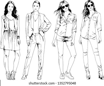 vector drawings on the theme of beautiful slim sporty girl in casual clothes in various poses painted ink hand sketch with no background