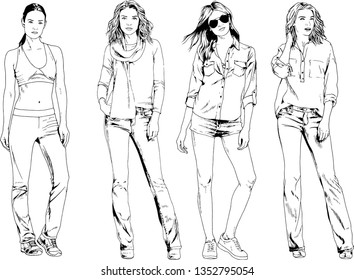 vector drawings on the theme of beautiful slim sporty girl in casual clothes in various poses painted ink hand sketch with no background