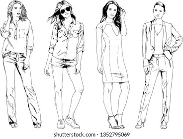 vector drawings on the theme of beautiful slim sporty girl in casual clothes in various poses painted ink hand sketch with no background