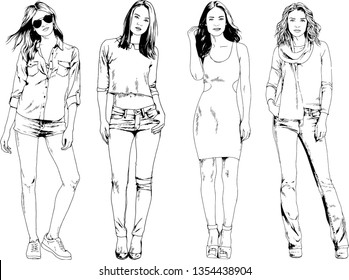 vector drawings on the theme of beautiful slim sporty girl in casual clothes in various poses painted ink hand sketch with no background