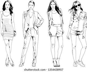 vector drawings on the theme of beautiful slim sporty girl in casual clothes in various poses painted ink hand sketch with no background
