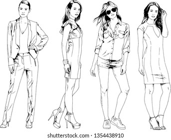 vector drawings on the theme of beautiful slim sporty girl in casual clothes in various poses painted ink hand sketch with no background